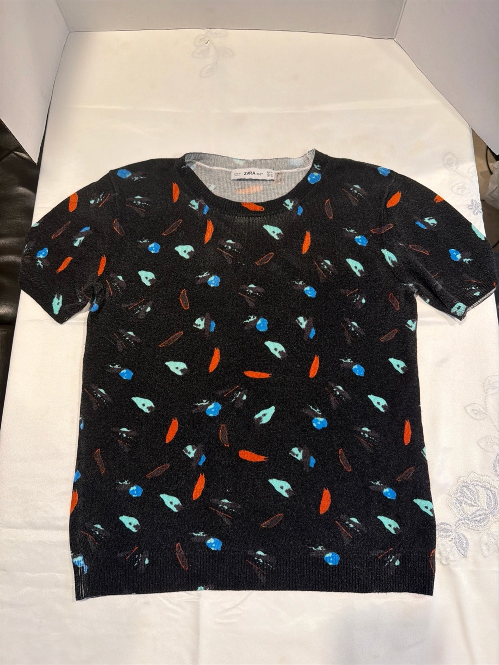 Zara Kids Black Short Sleeve Tee with Turquoise & Orange Accents